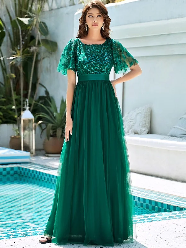 Sequin Print Maxi Long Wholesale Evening Dresses with Cap Sleeve