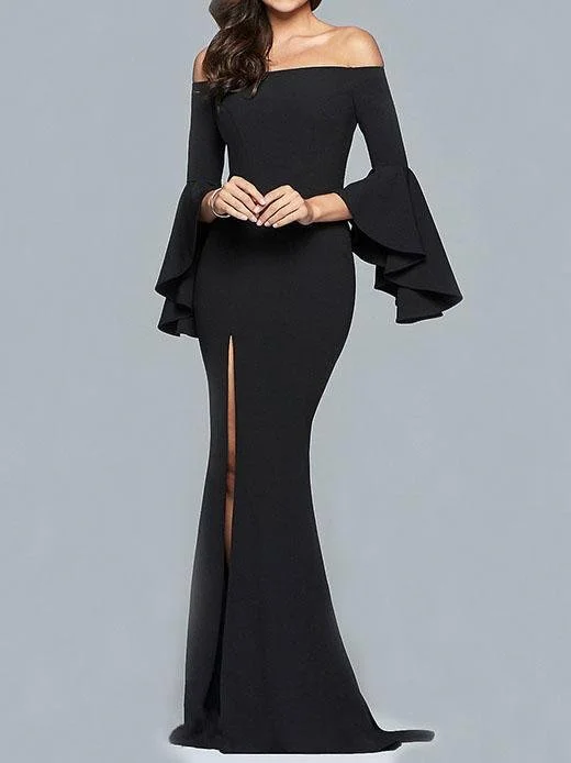 Solid 3/4 Sleeve One-shoulder Gown for Women