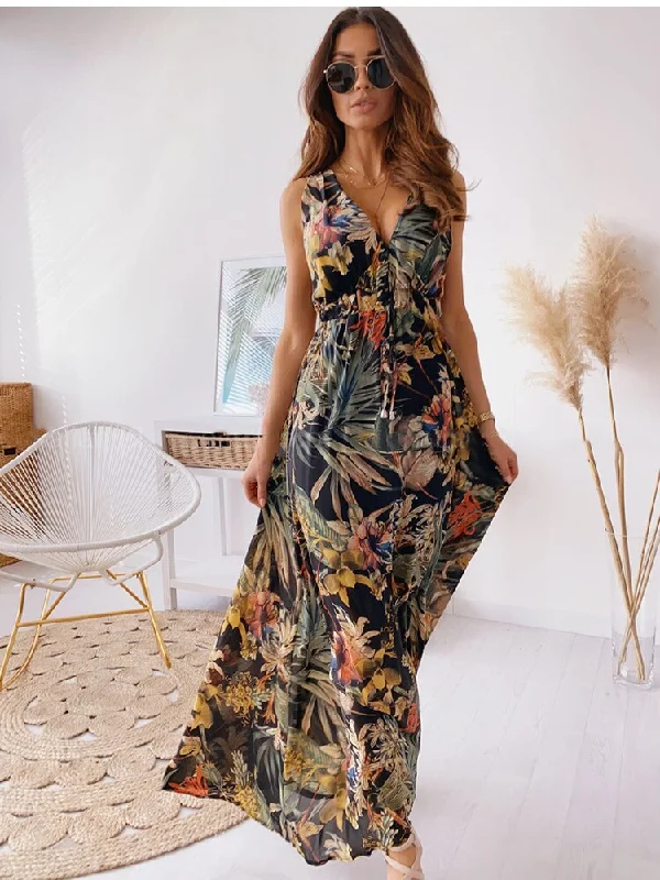 FashionSierra - Chiffon Floral Print V-neck Sleeveless Beach Party Dress