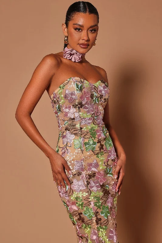 Tiana Floral Midi Dress - Nude/combo