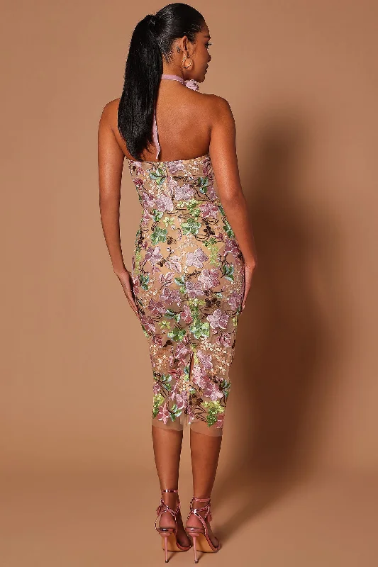 Tiana Floral Midi Dress - Nude/combo