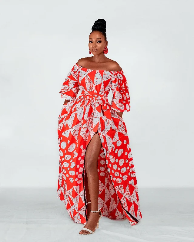 Tori Ankara Off shoulder Maxi Dress | Red and White African Print