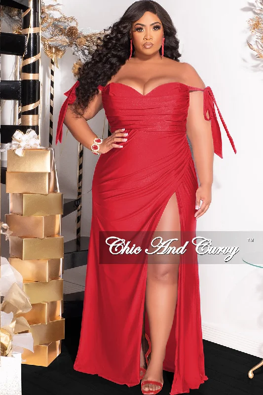 Final Sale Plus Size Off the Shoulder Tie Gown Dress in Red