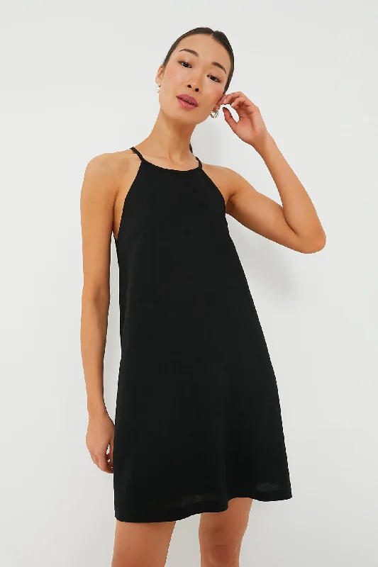 Black Linen High Neck Short Dress