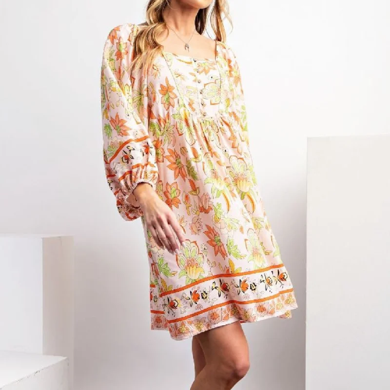 BORDER PRINT BABYDOLL DRESS