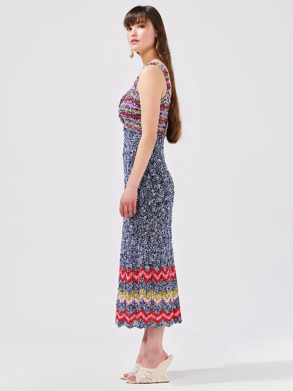 Boucle Twisted Bandeau Sundress - Zig Zag Navy