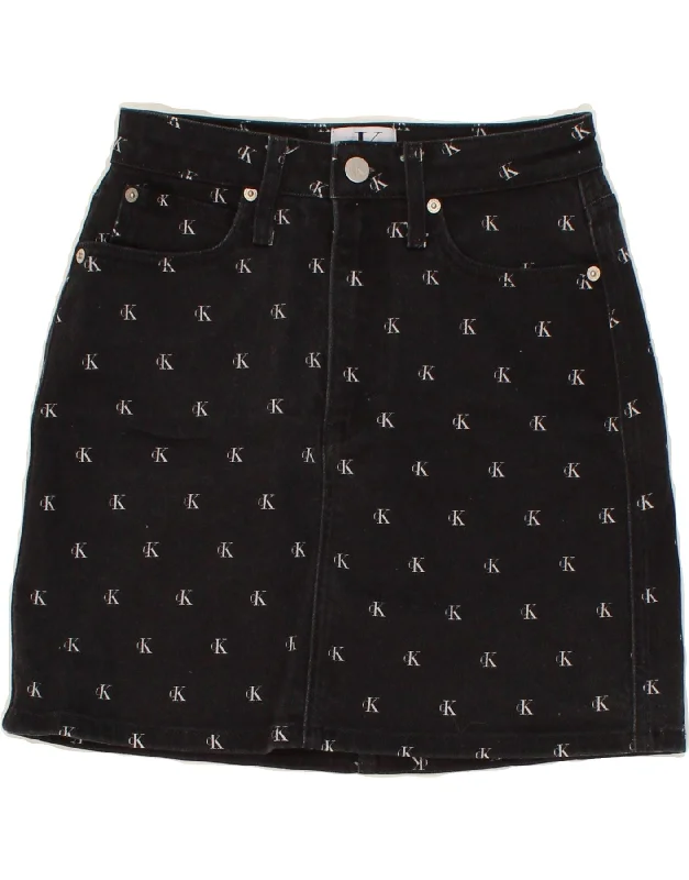 CALVIN KLEIN Womens Graphic Denim Skirt W26 Small Black Spotted Cotton