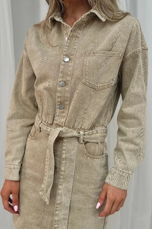 Cora Mini Denim Shirt Dress In Neutral