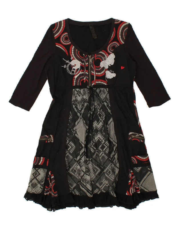 DESIGUAL Womens 3/4 Sleeve Empire Dress EU 40 Medium Black Geometric