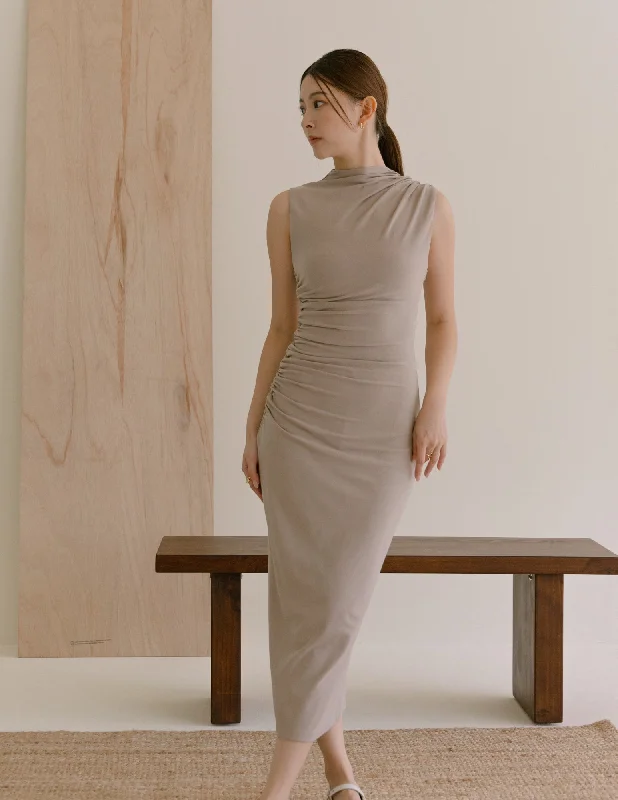 Emilia Ruched Dress in Taupe