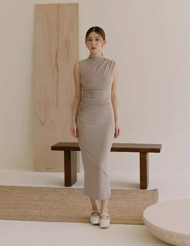 Emilia Ruched Dress in Taupe