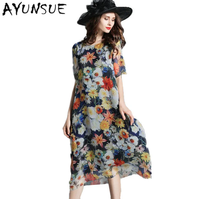 European High Quality Vestido Vintage Dress Womens Clothing Silk Dress Floral Retro O-nck Half Sleeve Loose Ladies DressesFYY463