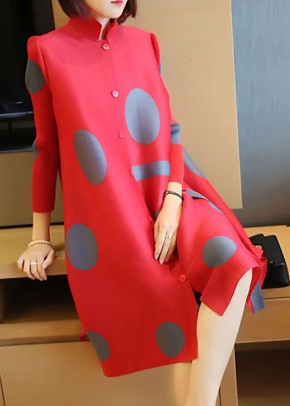 Momentlover Fashion Red Stand Collar Dot Print Side Open Holiday Dresses Spring LY1497