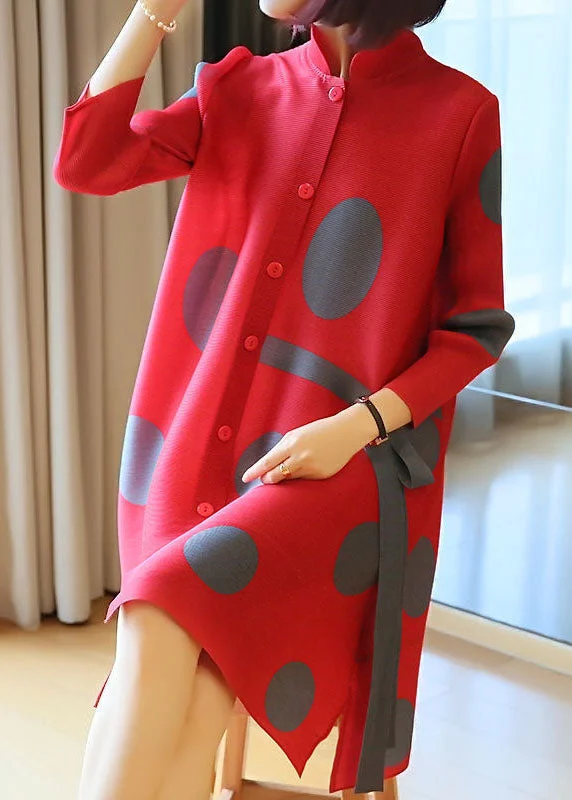 Momentlover Fashion Red Stand Collar Dot Print Side Open Holiday Dresses Spring LY1497