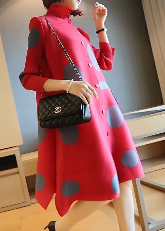 Momentlover Fashion Red Stand Collar Dot Print Side Open Holiday Dresses Spring LY1497