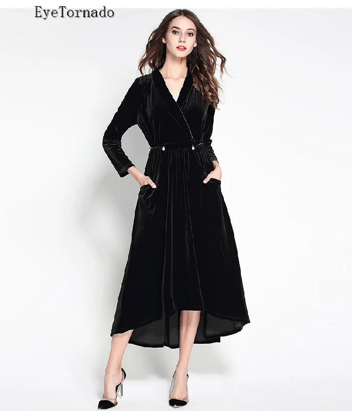 Fashion V neck pearls beadings belted velvet dress women long asymmetry casual work party ball velvet vestidos dress XXL 9821