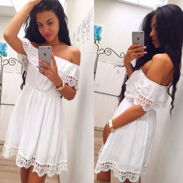 Fashion Women Elegant Vintage sweet lace white Dress Stylish Sexy Slash Neck Casual Slim Beach Summer Sundress Female vestidos