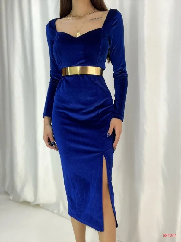 Fery Gold Belt Detail Slit Velvet Dress 581201 SAKS BLUE REF : 3572-SKS