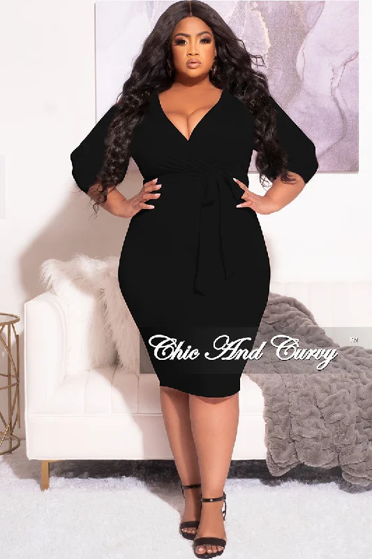 Final Sale Plus Size Faux Wrap BodyCon Dress with Waist Tie in Black