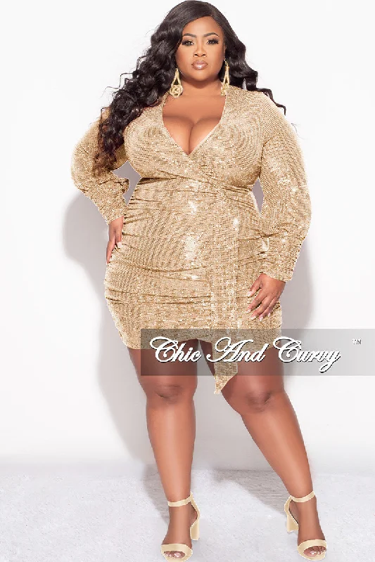 Final Sale Plus Size Long Sleeve Bodycon Confetti Dot Knit Sequin Dress in Gold Taupe