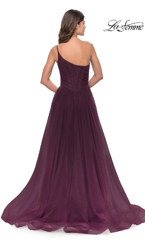 One-Shoulder Sheer-Bodice Prom Ball Gown 31069