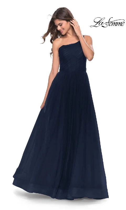 One-Shoulder Sheer-Bodice Prom Ball Gown 31069