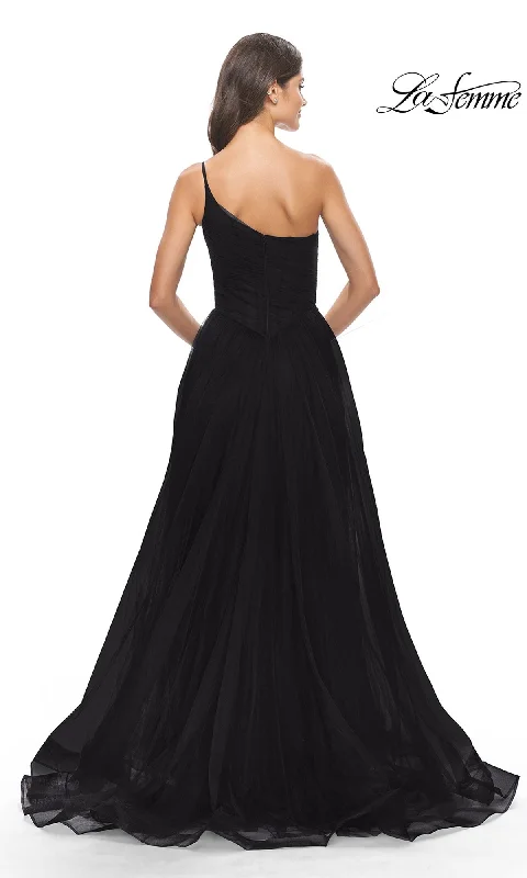 One-Shoulder Sheer-Bodice Prom Ball Gown 31069