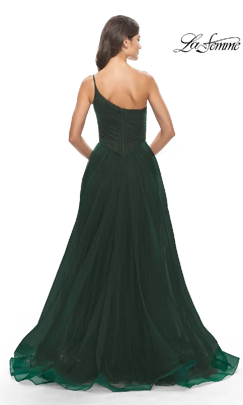 One-Shoulder Sheer-Bodice Prom Ball Gown 31069