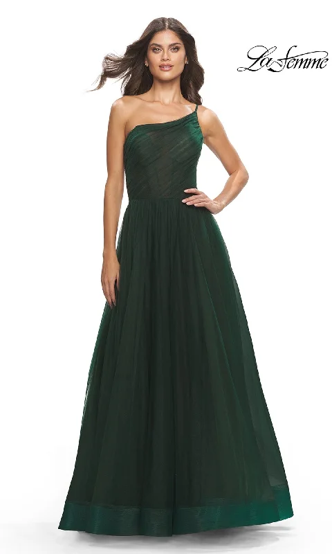 One-Shoulder Sheer-Bodice Prom Ball Gown 31069