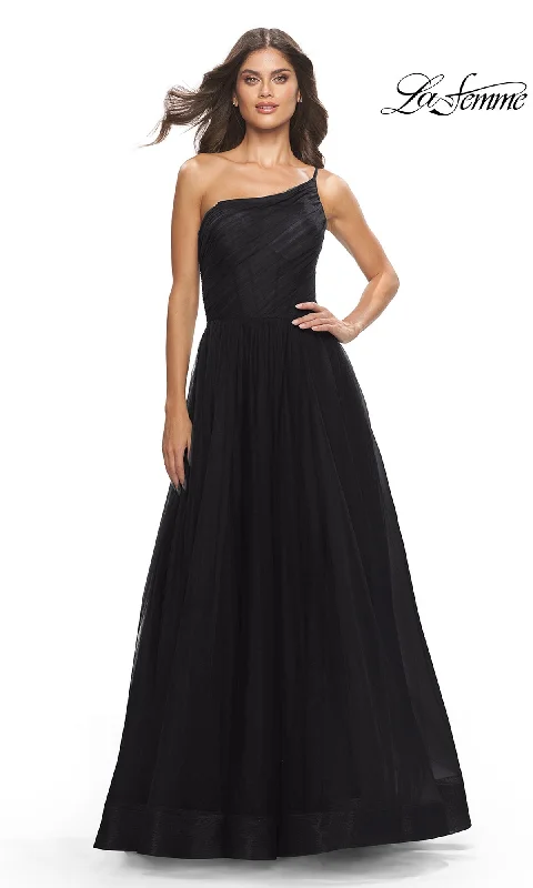 One-Shoulder Sheer-Bodice Prom Ball Gown 31069