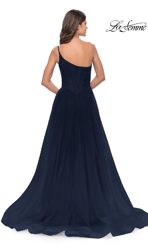 One-Shoulder Sheer-Bodice Prom Ball Gown 31069