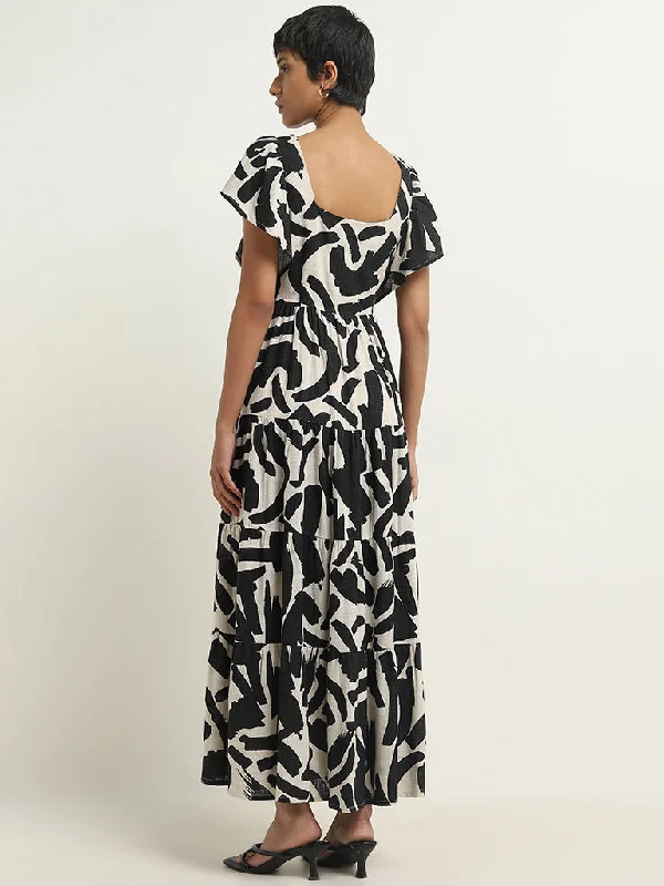 LOV Black Abstract Printed Tiered Dress