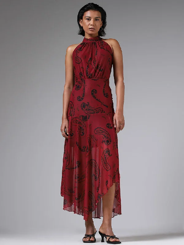 LOV Mango Paisley Printed Maroon Asymmetric Dress