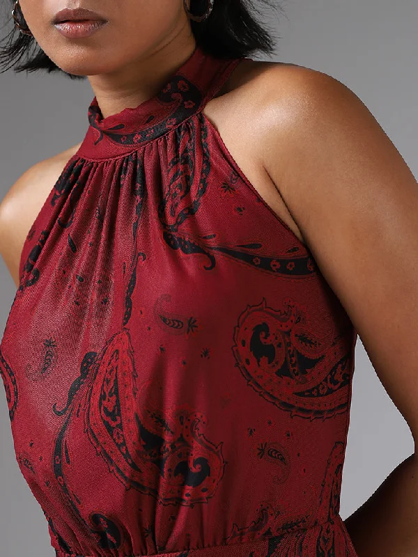 LOV Mango Paisley Printed Maroon Asymmetric Dress