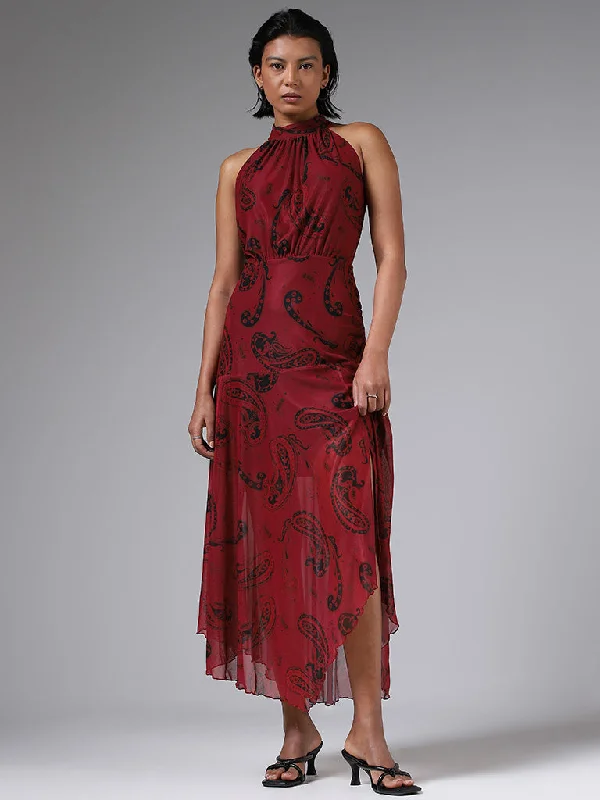 LOV Mango Paisley Printed Maroon Asymmetric Dress