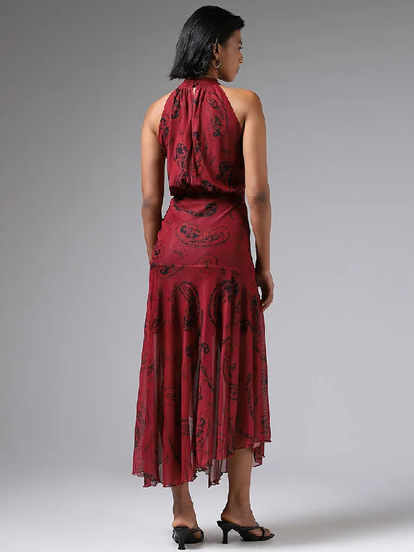 LOV Mango Paisley Printed Maroon Asymmetric Dress