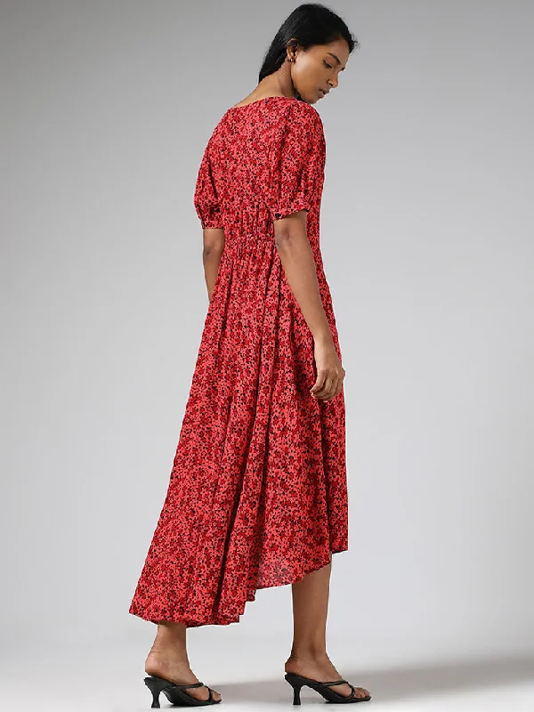 LOV Red Ditsy Floral Printed Tie-Up Asymmetrical Dress