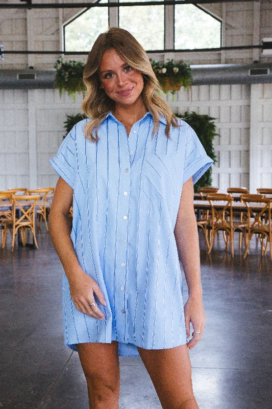 Mallory Striped Button Down Shirt Dress, Chambray