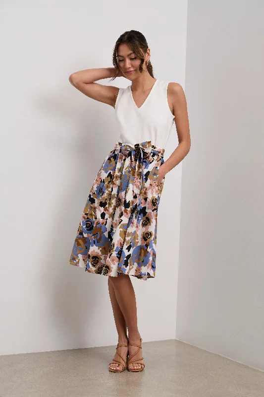 Midi printed poplin and jersey dress