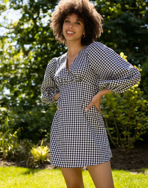 Open Back Long Sleeve Mini Dress in Gingham Mono | Pippa