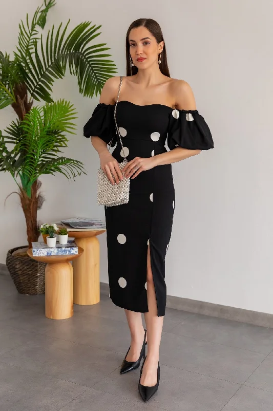 Polka Dot Balloon Sleeve Dress - BLACK REF : BCS037ELB0002100