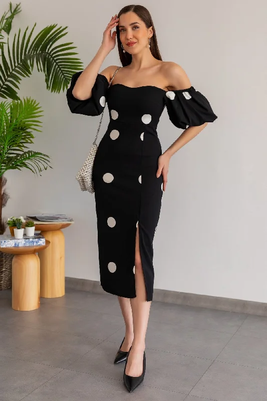 Polka Dot Balloon Sleeve Dress - BLACK REF : BCS037ELB0002100