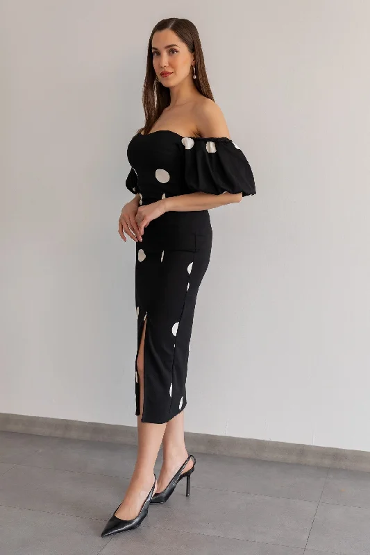 Polka Dot Balloon Sleeve Dress - BLACK REF : BCS037ELB0002100