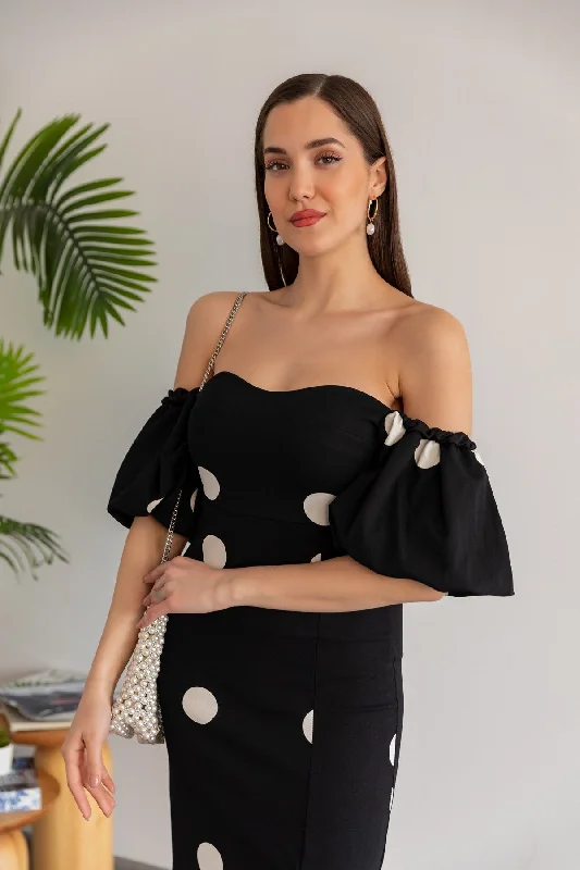 Polka Dot Balloon Sleeve Dress - BLACK REF : BCS037ELB0002100