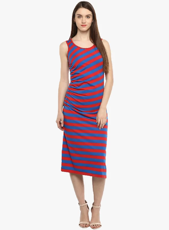 PORSORTE Women's Red and Blue Striped Dress