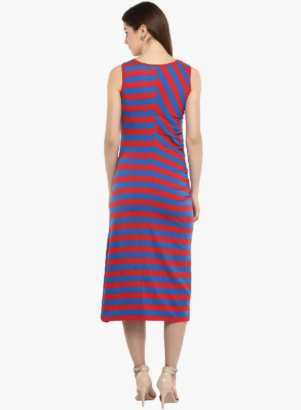 PORSORTE Women's Red and Blue Striped Dress