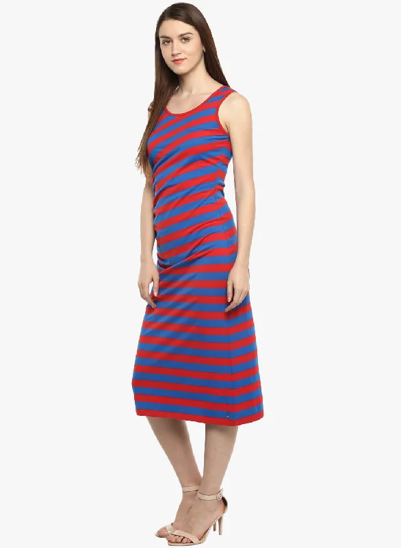 PORSORTE Women's Red and Blue Striped Dress