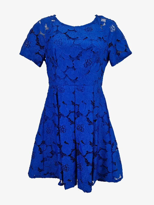 Portmans Electric Blue Broderie Box Pleated Mini Dress Size 8