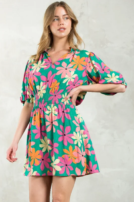 Puff sleeve flower print dress