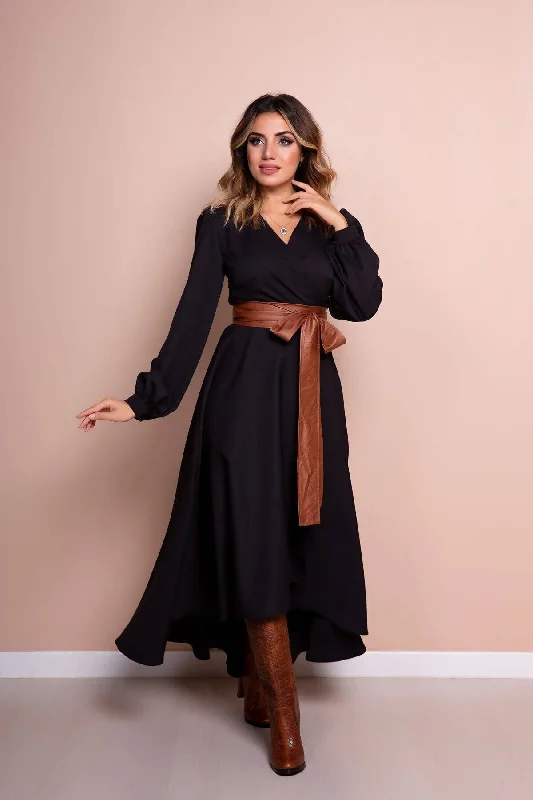 robe à manches longues et coupe asymétrique avec Ceinture en cuir noir beige dress REF:210-SYH-TBKMR